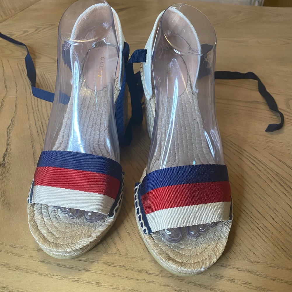 ✨NEW✨Gucci Blue Red White Espadrille Wedge Sandals